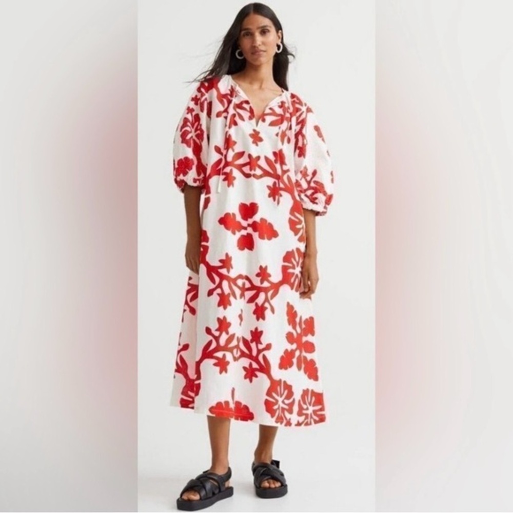 H&M White Midi Dress with Red Floral Print